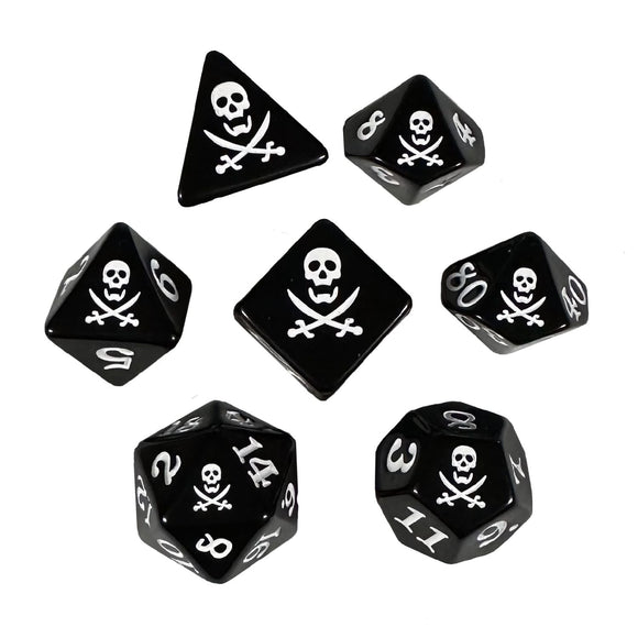 Black dice with skull and crossbones design on a white background