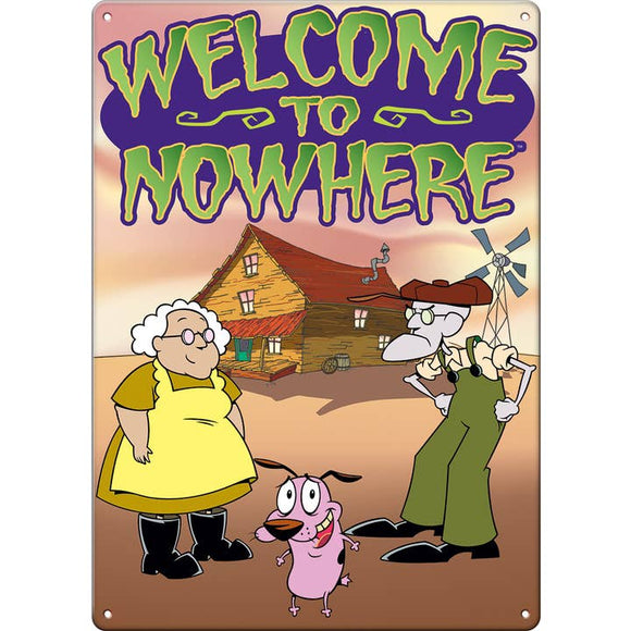 Cartoon-style sign with 'Welcome to Nowhere' text and characters in front of a wooden cabin.