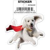 Sticker of a dog wearing a red cape with 'ata-boy.com' label and barcode.