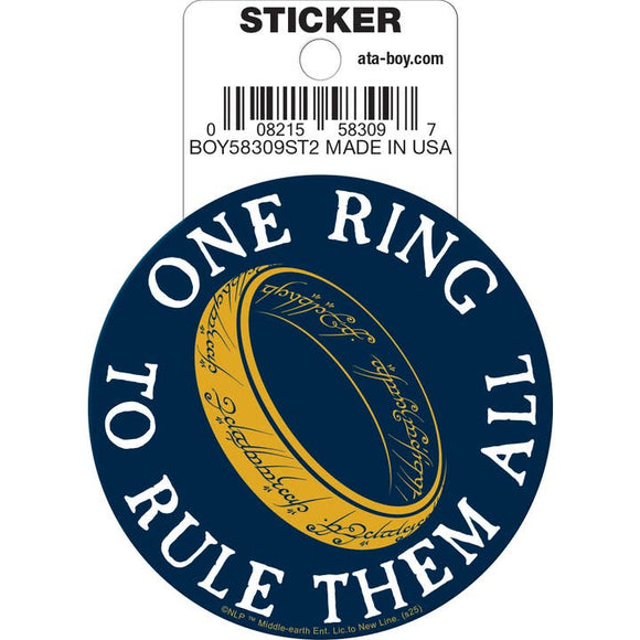 Sticker with 'One Ring to Rule Them All' text and a blue circle on a white background