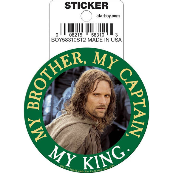 Sticker with a circular design featuring a person and text 'My Brother, My Captain, My King' on a white background.