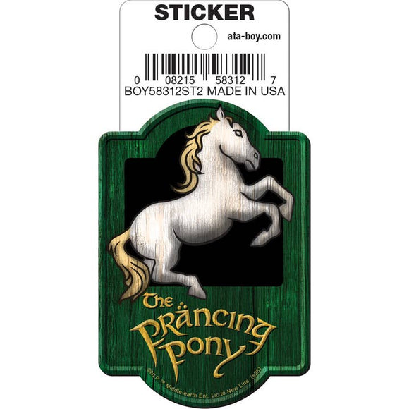 Sticker with a horse design and 'The Prancing Pony' text on a green background