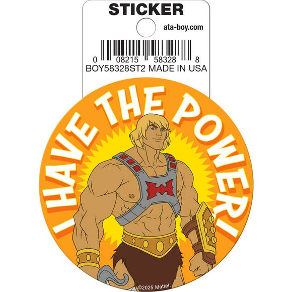 Sticker with a superhero character and 'I Have the Power!' text on a white background