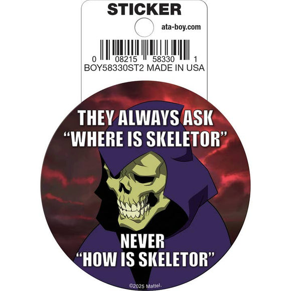 Sticker with Skeletor graphic and text on a white background