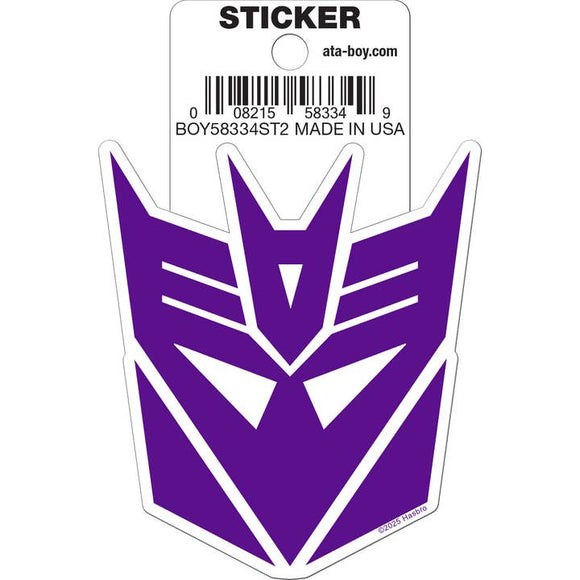 Purple and white sticker with a logo on a white background
