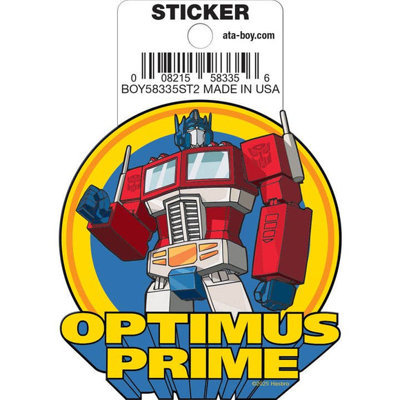Optimus Prime sticker with a yellow border on a white background