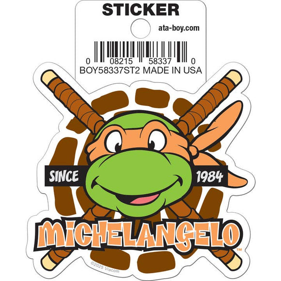 Sticker of a cartoon turtle with crossed swords, labeled 'Michelangelo', on a white background.