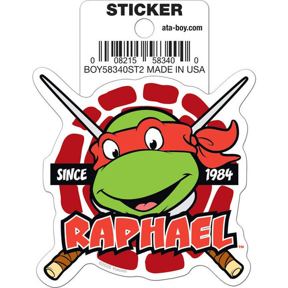 Sticker of Raphael from Teenage Mutant Ninja Turtles with branding and product information.