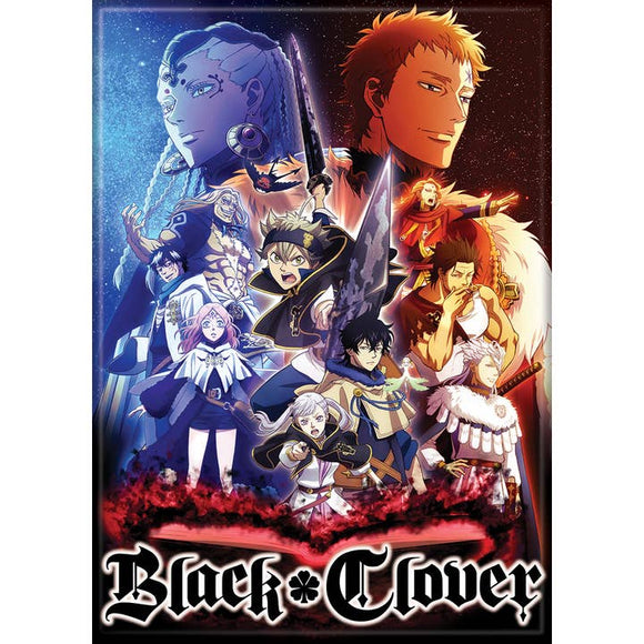 Promotional poster for 'Black Clover' featuring various characters in colorful outfits.