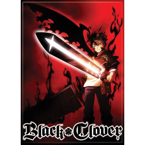 Character from 'Black Clover' holding a sword with a red background