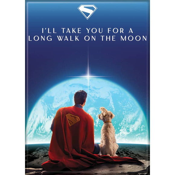 Superman character with a dog sitting on the moon, with Earth in the background.