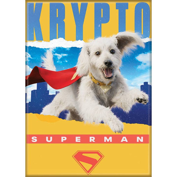Dog in a Superman costume with 'Krypto Superman' text and logo on a colorful background