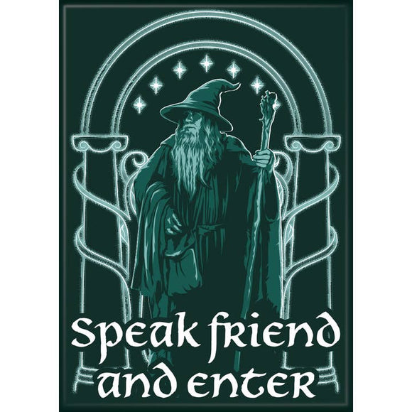 Gandalf from 'The Lord of the Rings' with a staff, standing behind an archway with the text 'speak friend and enter'.