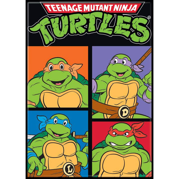 Four cartoon turtles in quadrants with 'Teenage Mutant Ninja Turtles' logo at the top.