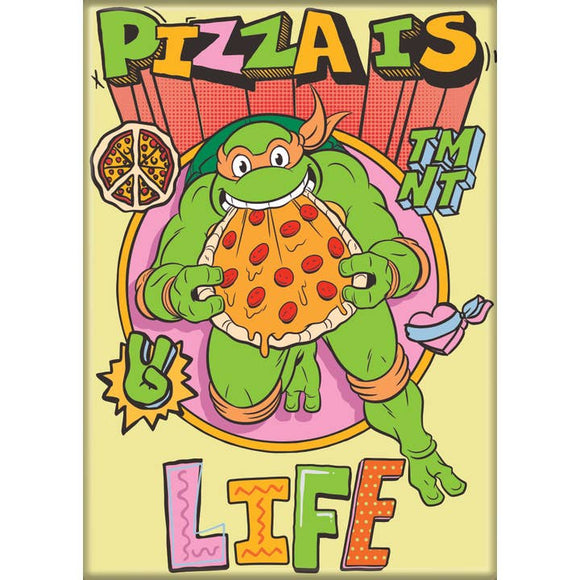 Cartoon turtle holding a pizza with 'Pizza is Life' text and TMNT logo on a yellow background
