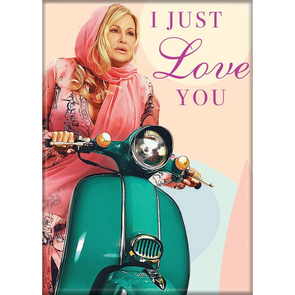 Woman in pink hijab sitting on a teal scooter with 'I Just Love You' text
