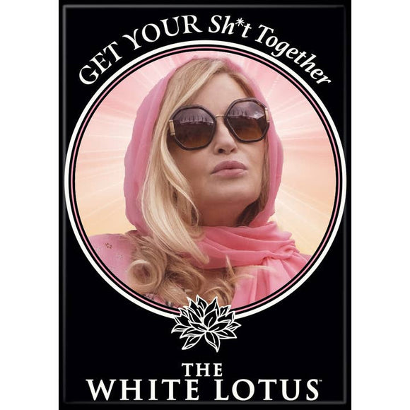 Poster with a woman in a pink hijab and sunglasses, text 'GET YOUR Sh*t Together' and 'The White Lotus' logo.