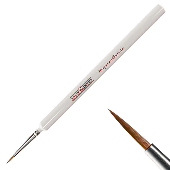 Two paint brushes with white handles labeled 'Wargamer Character' on a white background.