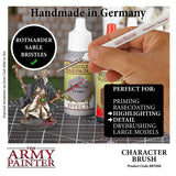 The Army Painter character brush with paint bottles and a miniature figure on a grid background.