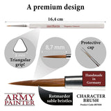 Character brush with features and specifications, including 'The Army Painter' branding.