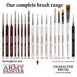 Collection of brushes with tip length measurements from The Army Painter on a white background.