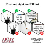 Instructions for using brushes with 'The Army Painter' product, showing correct and incorrect methods.