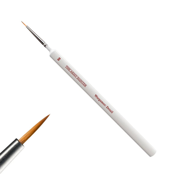 00 size detail paint brushes with white handles and red text on a white background