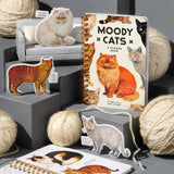 Sticker book titled 'Moody Cats' surrounded by cat-themed items on a gray surface.