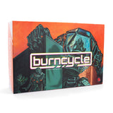 Board game box for 'burncycle' with robot illustration on an orange background