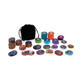 Collection of colorful gaming tokens with a black drawstring bag on a white background