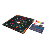 Board game set with a target-like mat, dice, and cards on a white background