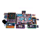 Collection of colorful board game components on a white background