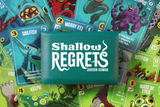 Card game 'Shallow Regrets' with colorful cards featuring various creatures on a green background.