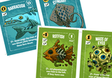 Card game cards featuring Barracuda, Stingray, Rotfish, and Mass of Eyes with game instructions.