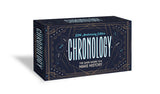 Chronology board game box with decorative text and design on a white background