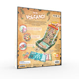 Board game packaging for 'Oh No, Volcano!' with game components on a white background