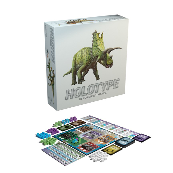 Board game set with 'Holotype' dinosaur-themed packaging on a white background