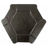 Hexagonal black leather product with a brand logo on a white background