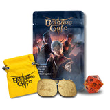 Baldur's Gate dice bag including coins and a die on a white background