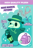 Illustrated plush toy with plunger design, keychain, backpack clip, and text on a blue and purple background.