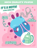 Plush moth toy with keychain and backpack illustration on a pink background