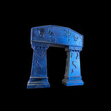 Blue model of a temple or arch with decorative elements on a black background