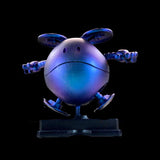Blue and purple robot-like figure on a black background