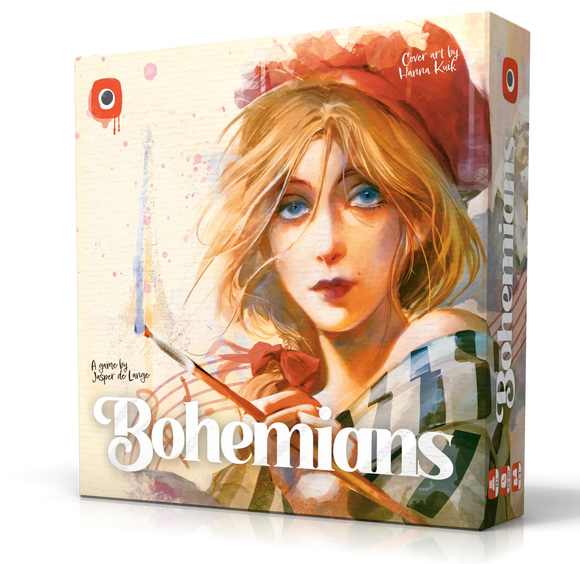 Board game box titled 'Bohemians' with a stylized illustration of a woman on the cover.
