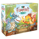 Flamecraft Duels board game box with two dragons playing a game around a campfire.