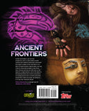 Back cover of a game book titled 'Ancient Frontiers' with a purple logo and text.