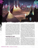 Futuristic cityscape with pyramids and advanced technology, featuring text about 'Shadows of Cairo'.