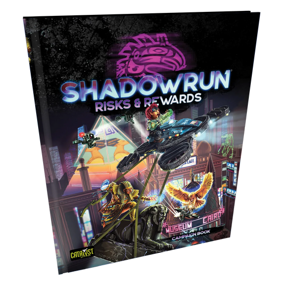 Shadowrun Risks & Rewards book cover with futuristic cityscape and characters.