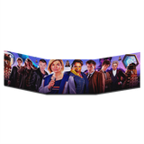 Wide banner featuring multiple characters from a popular science fiction franchise on a white background.