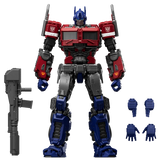 Transformers Optimus Prime action figure in red and blue with black and gray mechanical details, shown standing on a white background with a rifle accessory on the left and four interchangeable hands on the right.